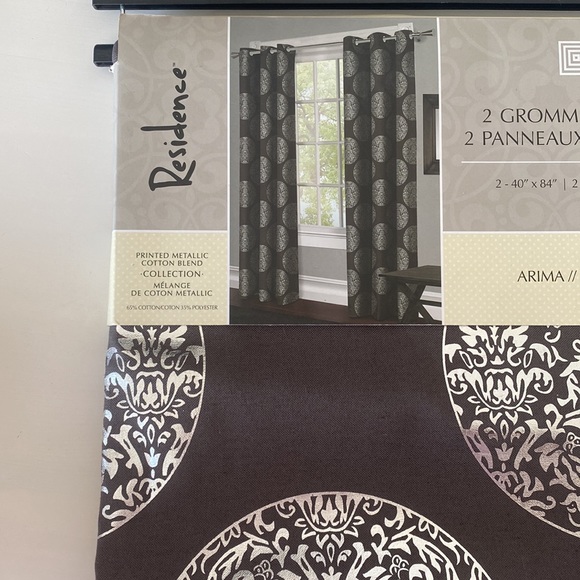 Residence - Printed Metallic Charcoal Gray Cotton Grommet Panel Curtains - Picture 2 of 5